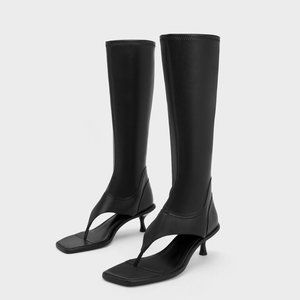 CHARLES & KEITH:  Kitten Heel Thong Knee-High Boots - Black